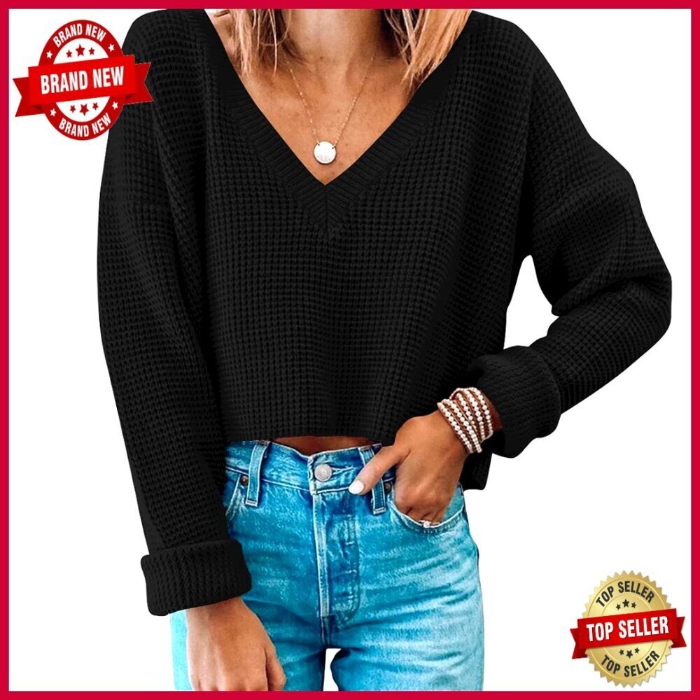 V-Neck Waffle Knit Cropped Pullover Sweater Long Sleeve Loose Fit
